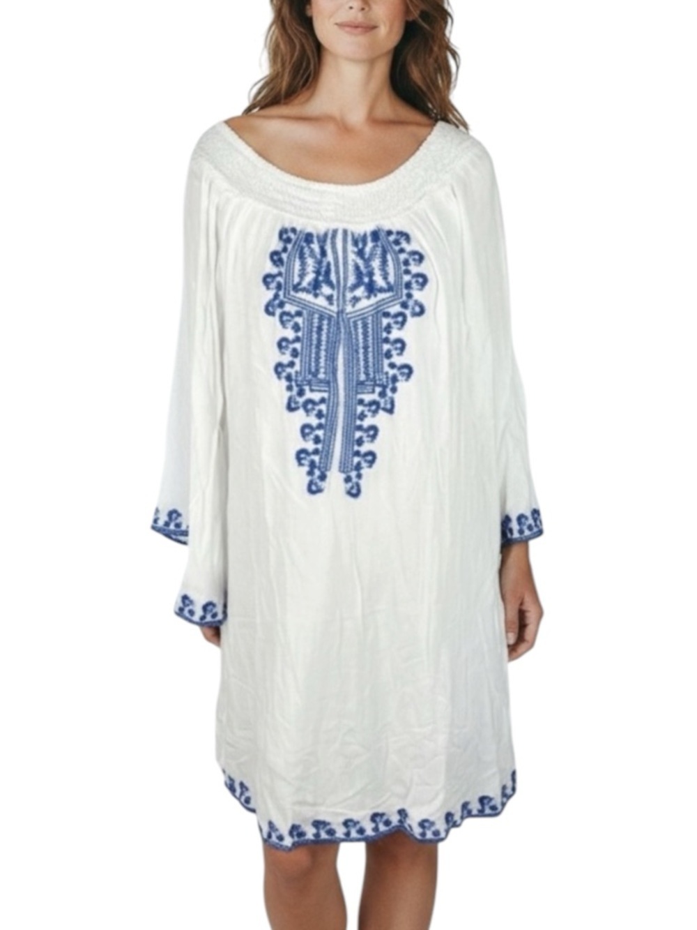 CUTE OPTIONS Bohemian White Flowy Shift Dress w/ Embroidered Front Size S NWT